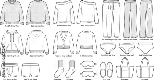 Vector technical fashion flat sketch collection of loungewear sleepwear clothing and cozy accessories