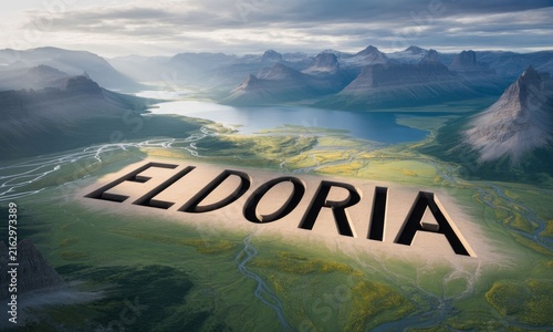 High-altitude view of a valley landscape, featuring the word 