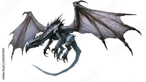 Photography Fierce grey dragon with large wings and sharp claws