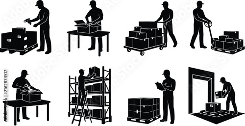 Warehouse and logistics worker silhouette collection showing packing scanning inventory management and shipment handling operations