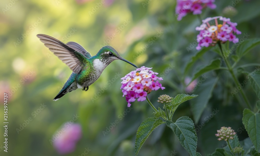 Naklejka premium Hummingbird in flight, feasting on flowers