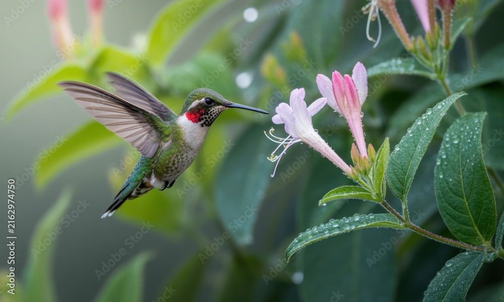 Naklejka premium Hummingbird feeds on flowers