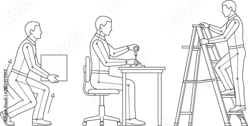 Workplace ergonomics and safety vector line art showing proper lifting, sitting posture, and ladder climbing