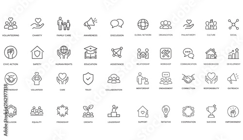 A collection of Community icons set with editable stroke, including network, organization, philantrophy, culture, social, beloging, equity, support, sociability, trust. Thin linear vector illustration