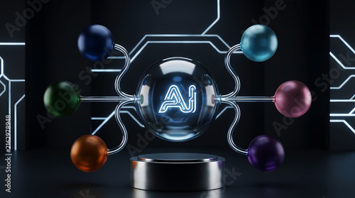 Artificial Intelligence Glowing Glass Orb Core on Podium Connected to Sphere Nodes Concept