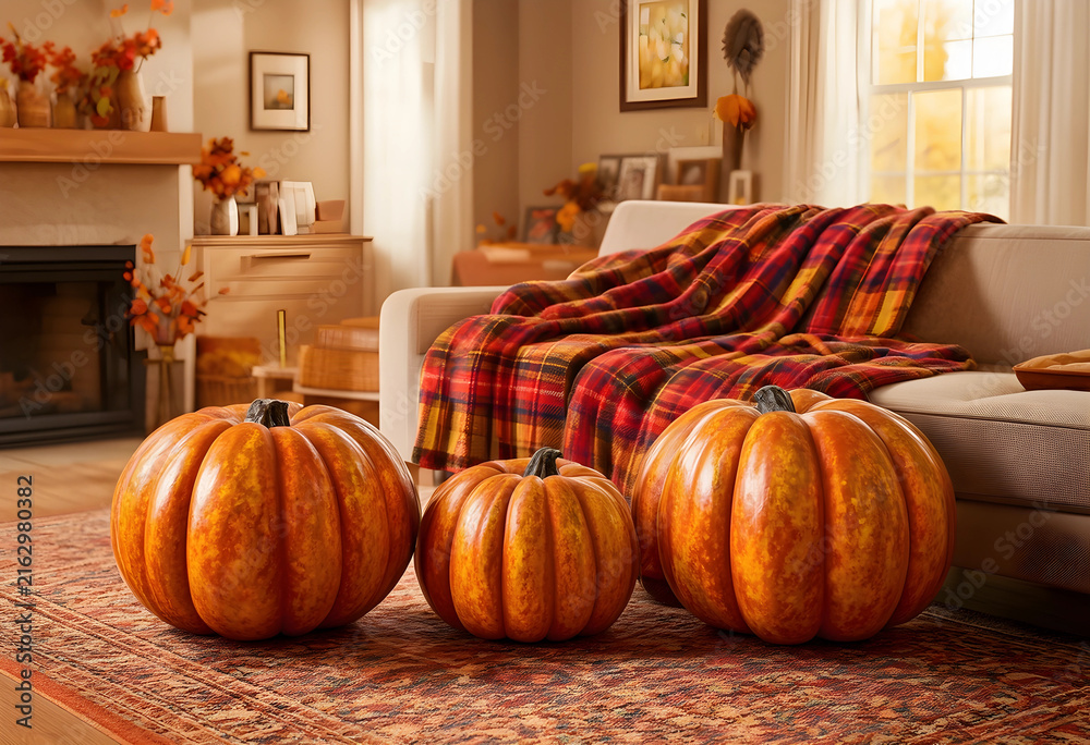 Naklejka premium Autumn home decor and cozy fall season, pumpkins on a rug in a warm living room with a plaid blanket