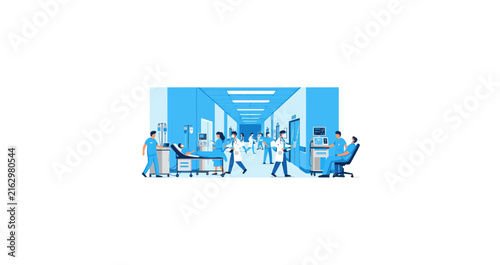 Busy Hospital Corridor with Medical Staff and Patients