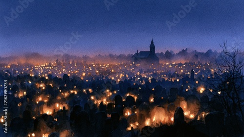 All Saints' Day Candles Glowing in European Cemetery at Dusk, Historic Church Silhouette and Twilight Sky