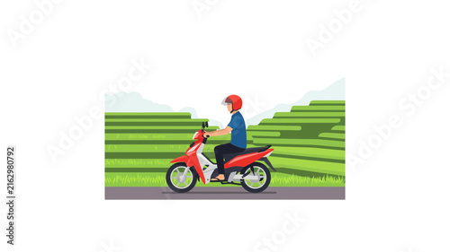 Man Riding Scooter Through Rice Terraces