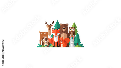Cute Flat Forest Animals Geometric Illustration