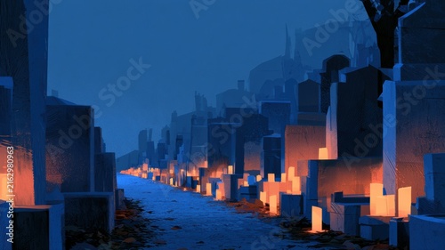 Cemetery Path Lined with Glowing Candles at Dusk for All Saints' Day, Autumn Remembrance in Western Europe