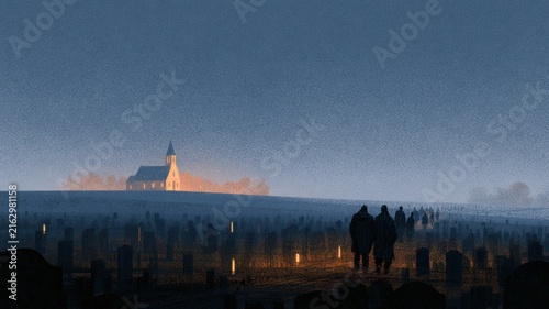 All Saints' Day Candlelight in Cemetery at Dusk, Autumn Remembrance with Illuminated Church