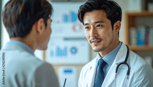 Male doctor in lab coat consulting with a patient.