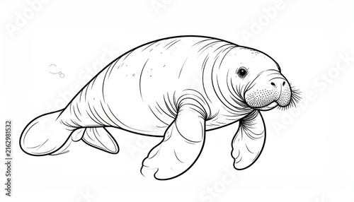 Manatee swimming underwater line art coloring page illustration.