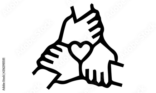 Three hands holding together with heart line vector icon isolated on white background