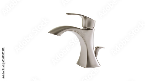 фотографія Modern brushed nickel bathroom faucet with curved spout and lever handle