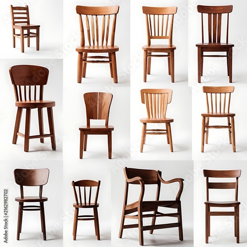 Assortment of wooden chairs on white background with home decor dining chairs accent chairs household items living space furniture store real estate design elements objects collec
