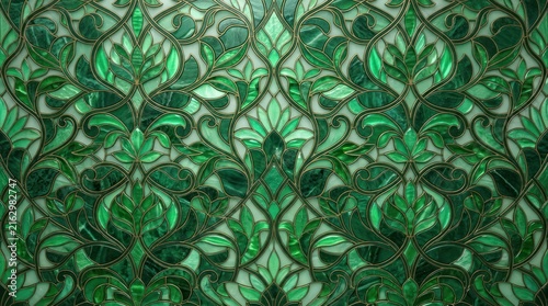 Intricate green vine pattern with elegant leaf filigree background texture