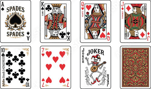 Vintage Playing Cards Vector Set Featuring Ace of Spades King Queen Jack Skeleton Joker and Ornate Filigree Deck Back
