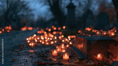 All Saints' Day Candlelight in Cemetery at Dusk, Autumn Remembrance with Glowing Votive Candles and Fallen Leaves