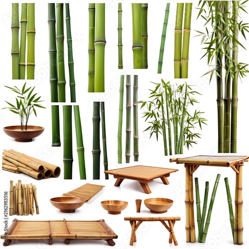 Comprehensive collection of natural bamboo showcasing green poles raw stalks cut logs sprouts small handcrafted items like bowls and mats isolated on white background for versatile