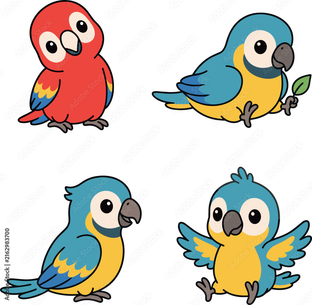 Fototapeta premium Four colorful parrot illustrations showcase vibrant plumage and cartoon style designs on a white background