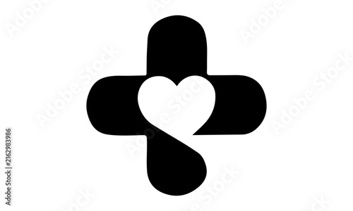 Medical cross symbol with heart negative space solid vector icon isolated on white background