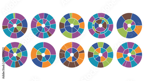 Pie Charts Set with Segmented Sections, Colorful Data Visualization Icons. Business Infographic Design, Data Analysis and Reporting.