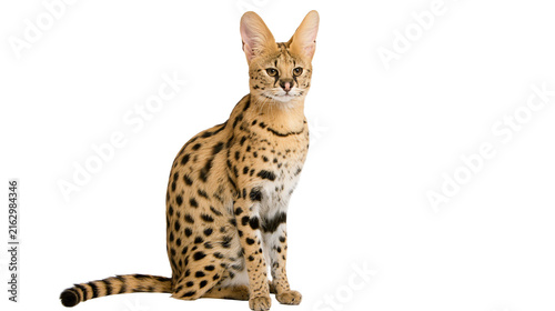 Photography Serval cat with spotted fur and large ears sitting