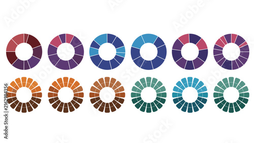 Color Wheels Arranged in a Row, Showcasing a Spectrum of Hues and Shades. Graphic Design Element, Color Palette Illustration, Design Resource.