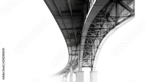 Underside of a massive bridge structure, architectural lines and support beams