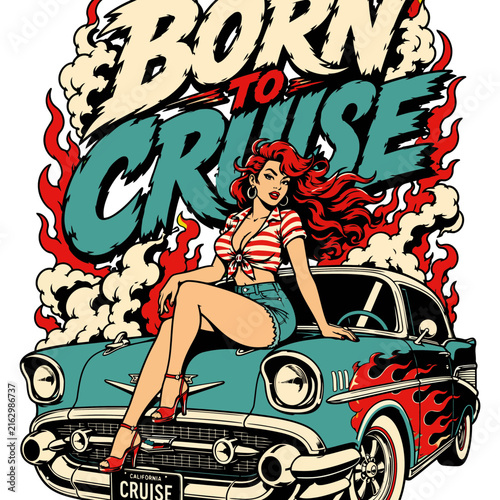 Editable Brand Title – Born to Cruise Retro Pin Up Classic Car Graphic