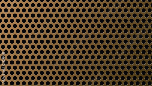 Polished gold metal perforated plate background featuring circular holes for luxury decor.