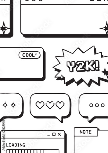 Retro y2k aesthetic computer interface window elements featuring digital speech bubbles hearts loading bars and stickers in black and white