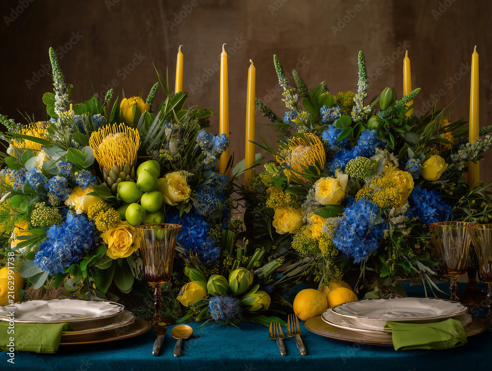 Fototapeta premium Luxury Brazil Independence Day table decoration, green and yellow floral centerpiece, blue accents, elegant candles, premium festive styling, realistic textures, studio lighting, no people, no text