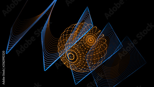 Abstract background digital virtual data sphere in algorithm helix in dark blue . Futuristic big data analysis visualization. Cryptocurrency, AI data concept.