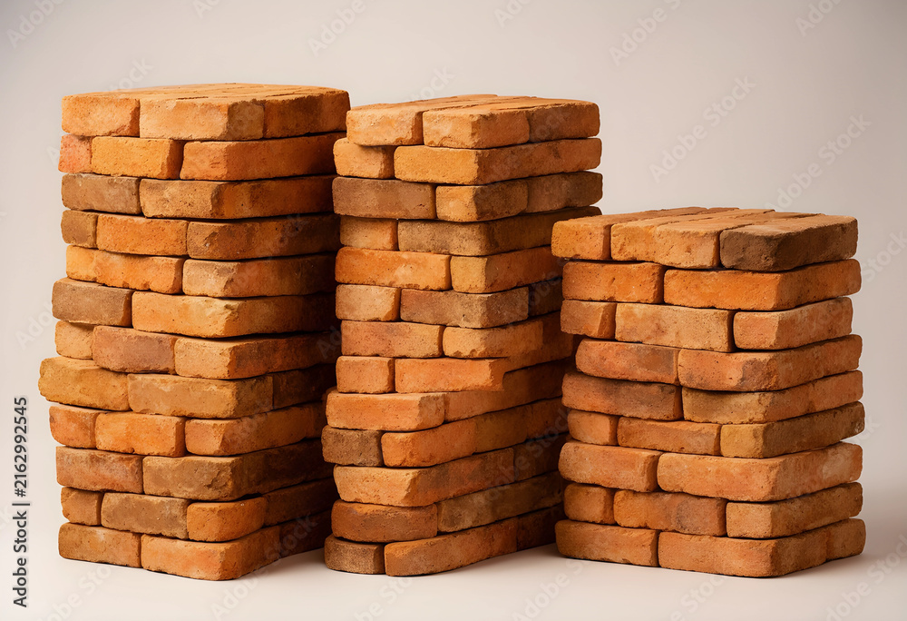 Naklejka premium Construction and building materials, stacked red clay bricks for masonry and architectural projects, isolated on a light background