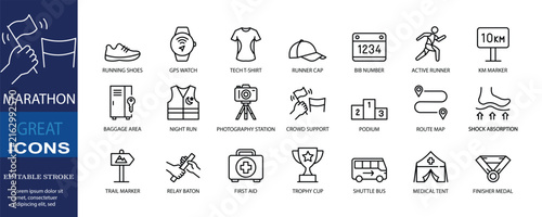 Collection of 21 editable stroke icons designed for marathon events, running races, sports platforms, and fitness applications. Includes runner equipment, race organization, route navigation, medical 