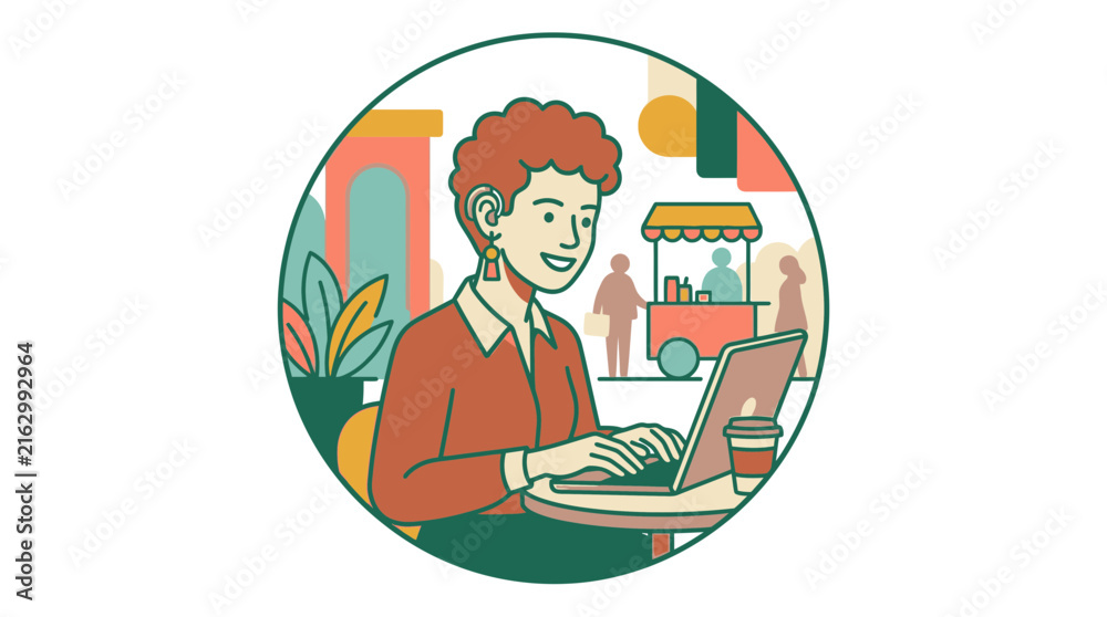 Naklejka premium Freelancer working on laptop with urban background.