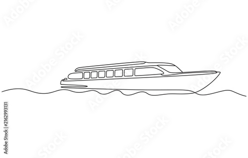Tour boat in continuous line art drawing style. 