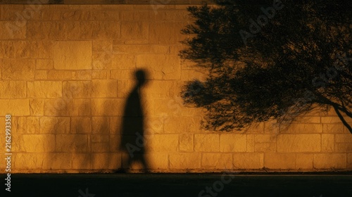 Silhouette of person walking beside a tree, casting a shadow on a textured wall