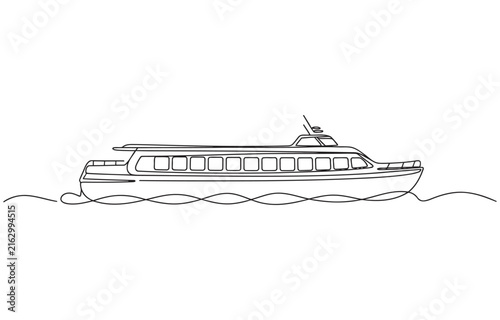 Tour boat in continuous line art drawing style. 