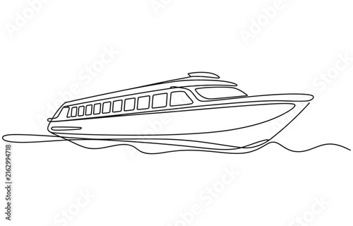Tour boat in continuous line art drawing style. 