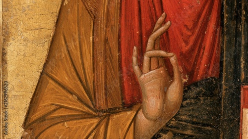 Byzantine Christ Pantocrator Icon Closeup, Blessing Hand and Gospel Book, Weathered Monastic Style