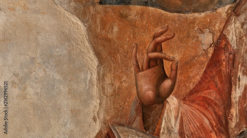 Christ Pantocrator Blessing Hand, Byzantine Fresco Close-Up for Orthodox Christian Teaching and Faith Publishing