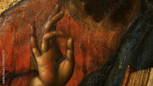Christ Pantocrator Blessing Hand Detail, Orthodox Icon Art with Gospel Book and Monastic Texture