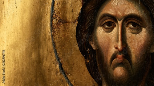 Christ Pantocrator Icon Close-Up, Ancient Byzantine Orthodox Sacred Art with Gold Background