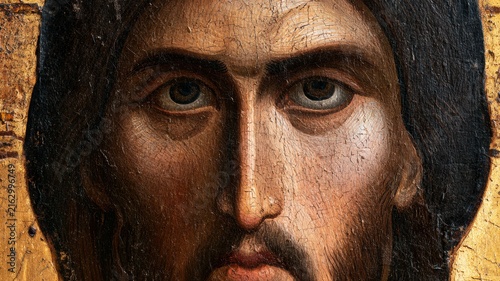 Christ Pantocrator Icon Close-Up, Orthodox Monastic Style, Textured Sacred Face and Gold Leaf Background