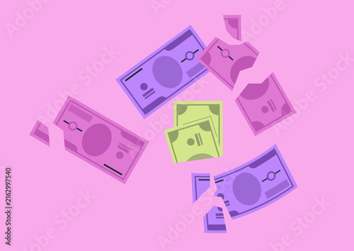 Canvas Print Colorful fragments of torn money lie scattered on a bright pink surface, contrasting with their shapes and hues, provoking thoughts about worth and impermanence