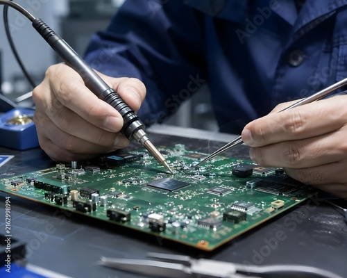 Technician Repairing Circuit Board with Soldering Tools and Equipment